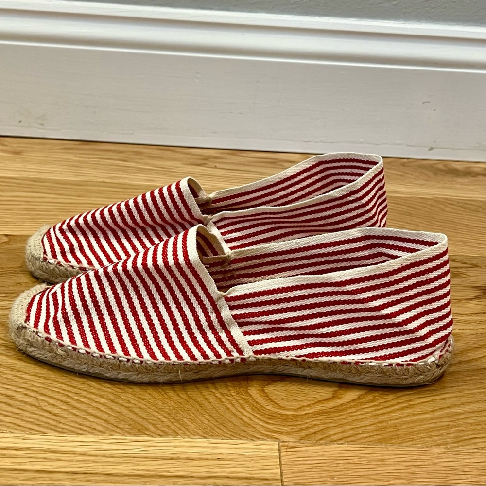Cousu Main Red White Stripe Nautical Slip On Espadrille Flats - Size 8.5